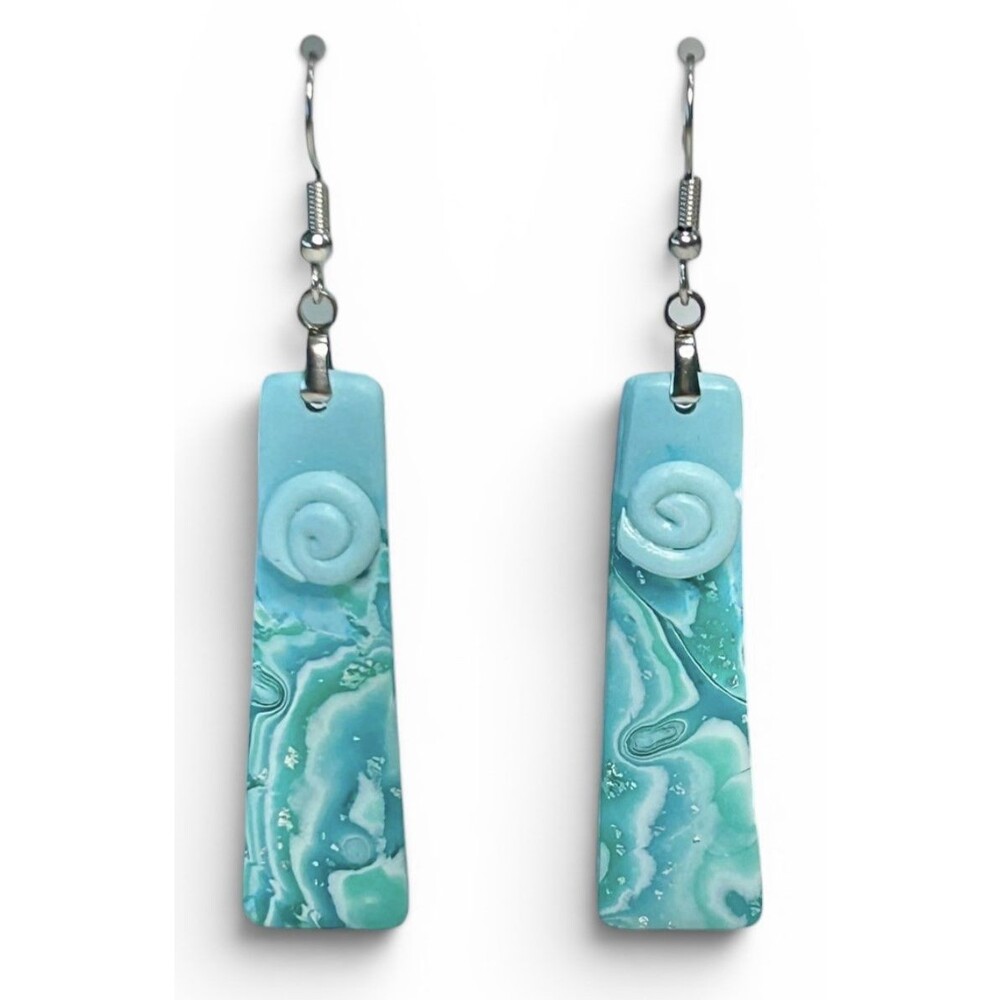 Blue Green & Silver Handmade Dangle Polymer Clay Earrings w Stainless Steel Post - Picture 6 of 9